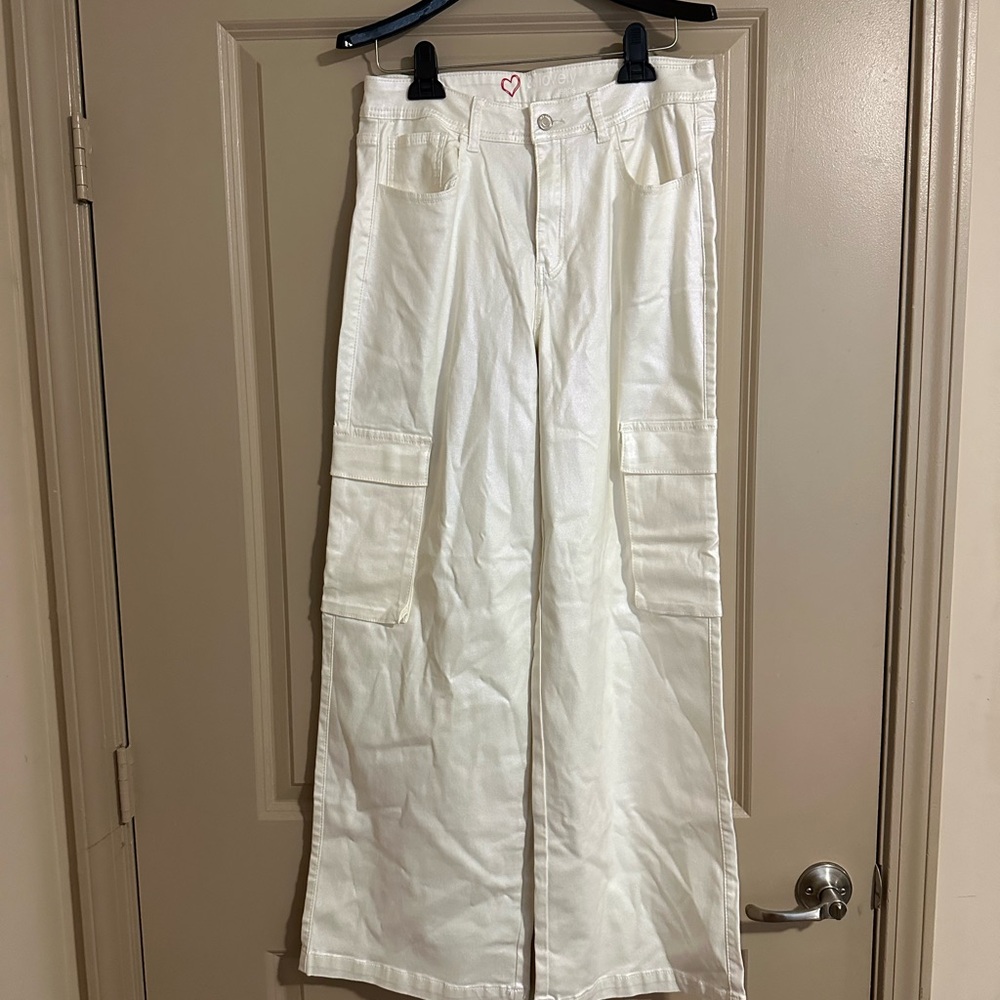 White Wide-Leg Iridescent Cargo Pants